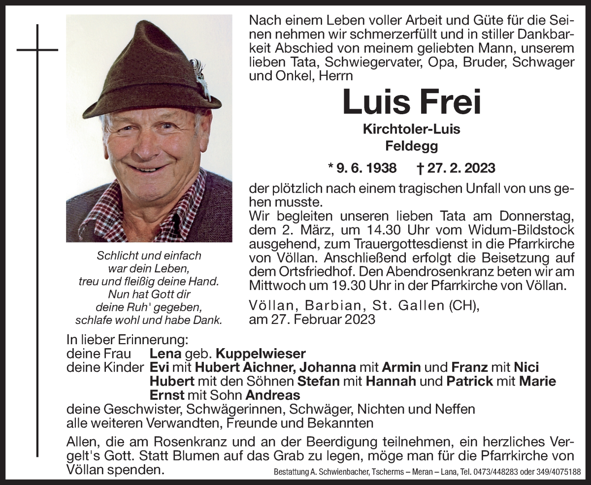  Traueranzeige für Luis Frei vom 28.02.2023 aus Dolomiten