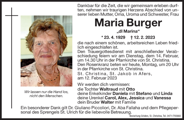 Traueranzeige von Maria Burger von Dolomiten
