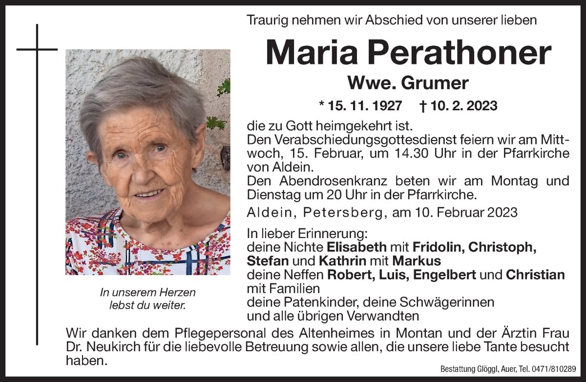  Traueranzeige für Maria Grumer vom 13.02.2023 aus Dolomiten