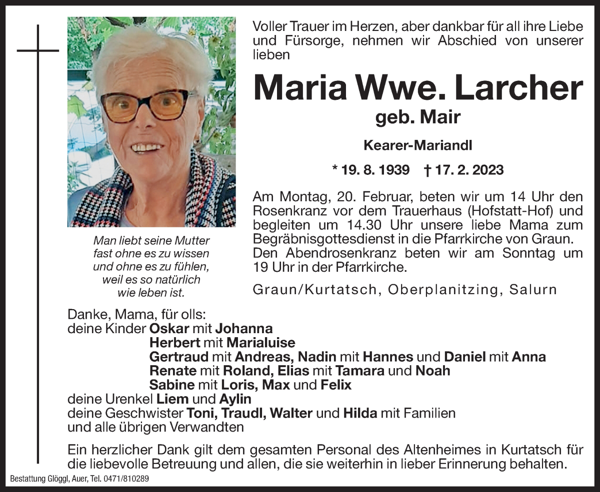  Traueranzeige für Maria Larcher vom 18.02.2023 aus Dolomiten