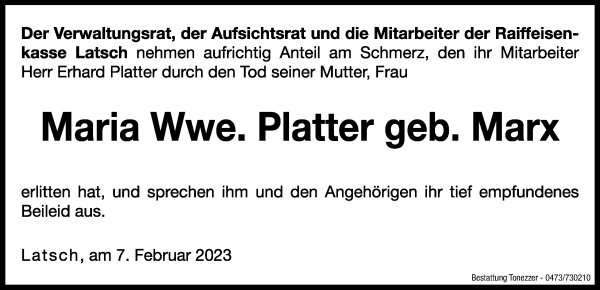 Traueranzeige von Maria Platter von Dolomiten