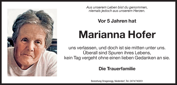 Traueranzeige von Marianna Hofer von Dolomiten