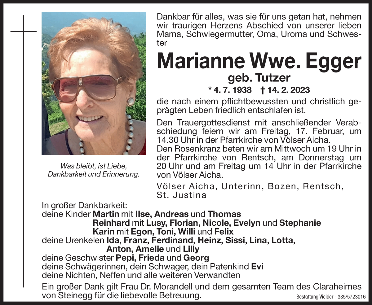  Traueranzeige für Marianne Egger vom 15.02.2023 aus Dolomiten