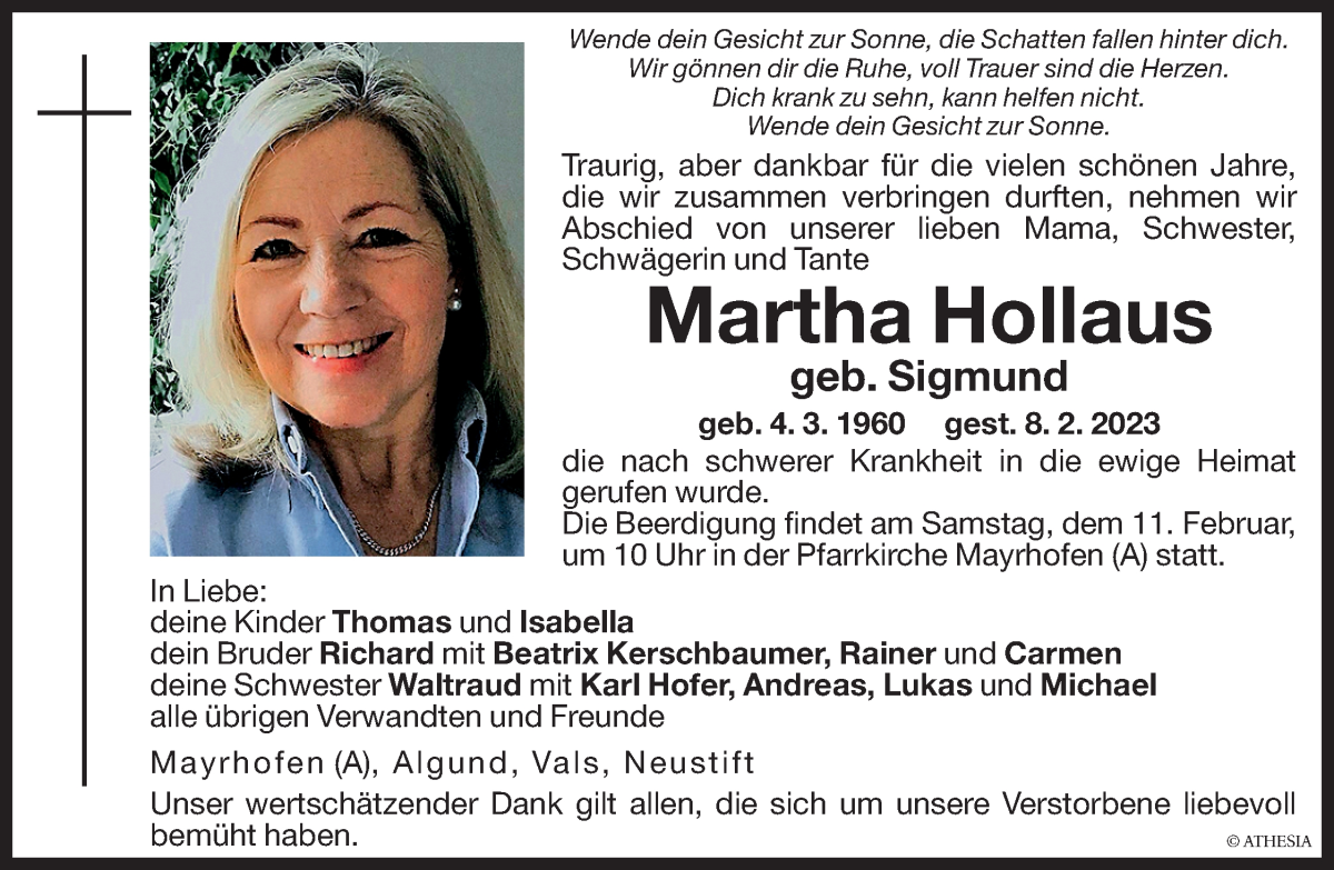  Traueranzeige für Martha Hollaus vom 09.02.2023 aus Dolomiten