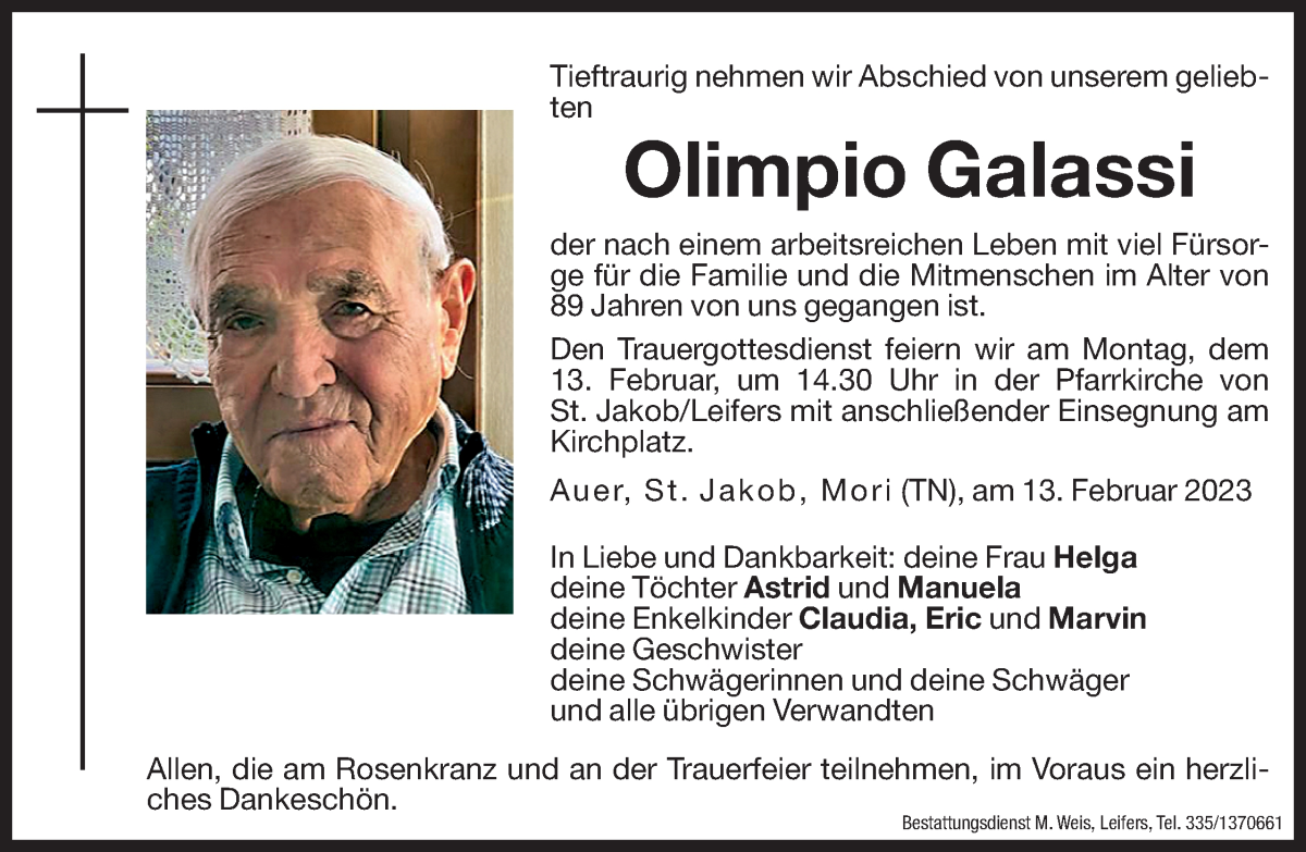  Traueranzeige für Olimpio Galassi vom 11.02.2023 aus Dolomiten