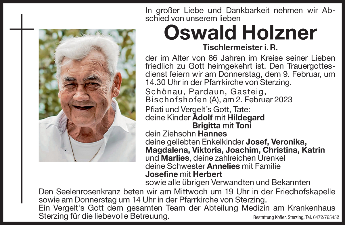  Traueranzeige für Oswald Kofler vom 07.02.2023 aus Dolomiten