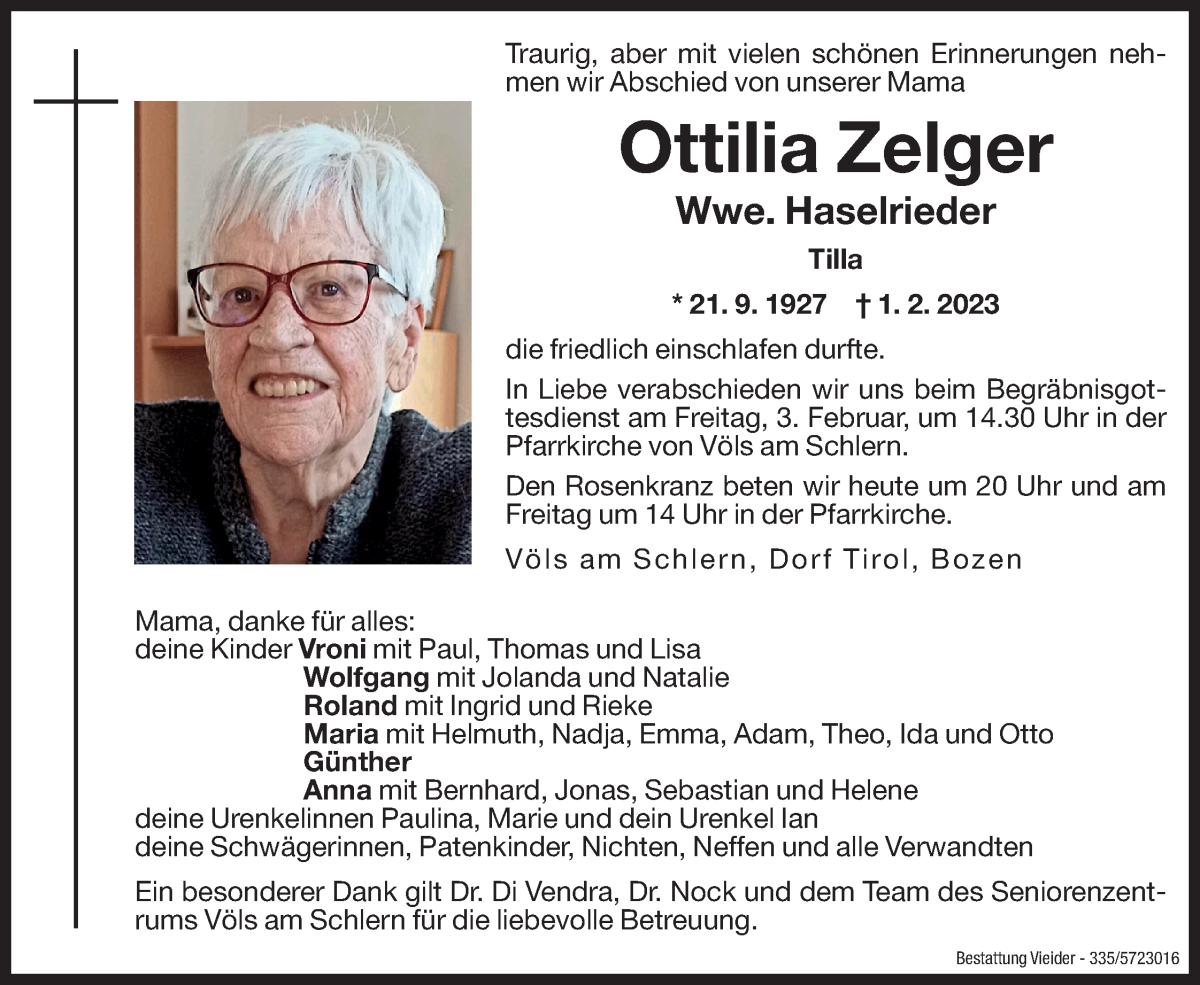  Traueranzeige für Ottilia Haselrieder vom 02.02.2023 aus Dolomiten