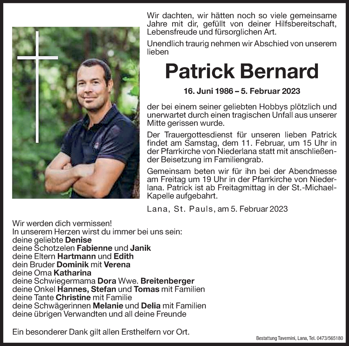  Traueranzeige für Patrick Bernard vom 09.02.2023 aus Dolomiten