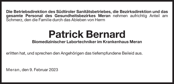 Traueranzeige von Patrick Bernard von Dolomiten