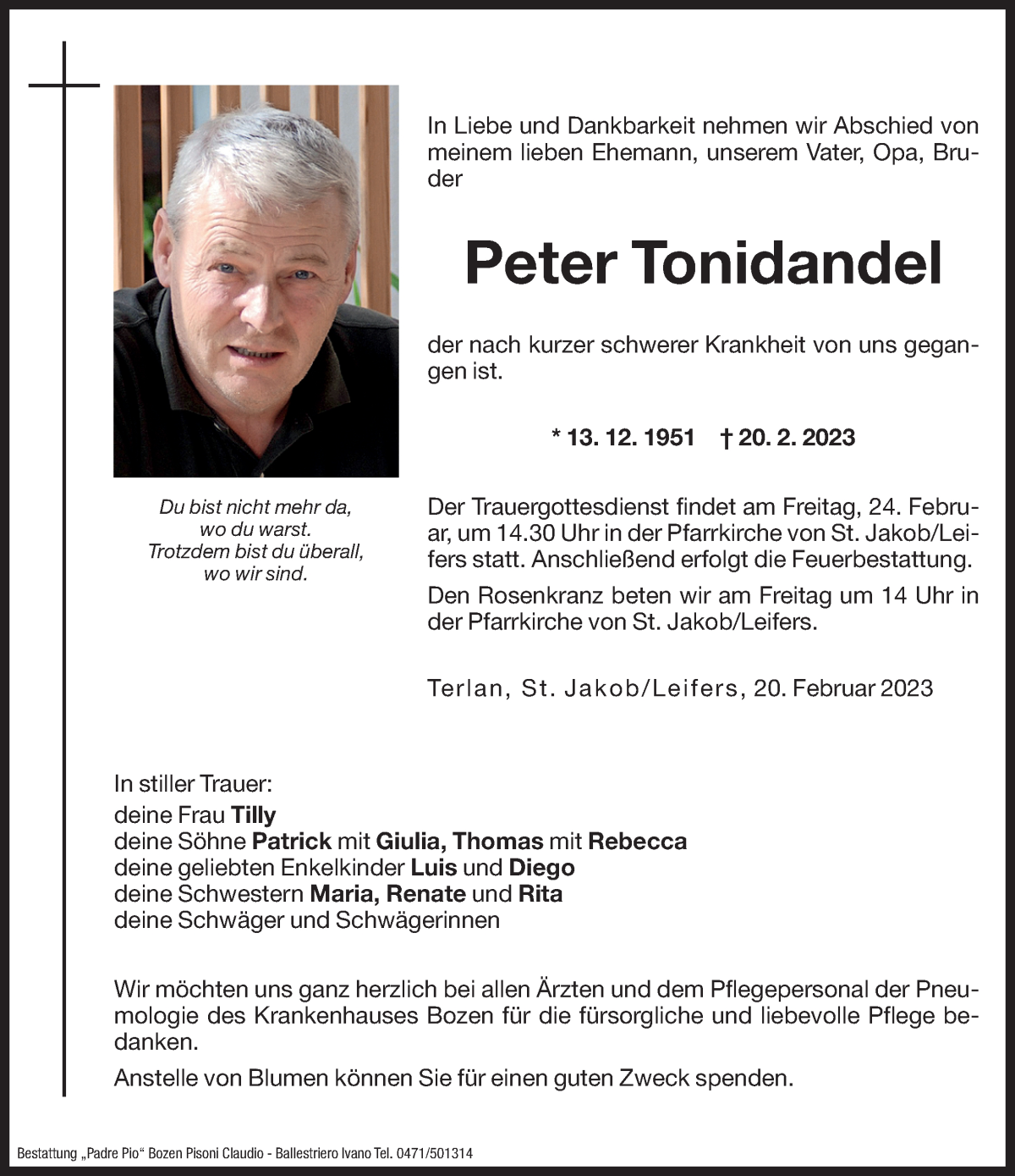  Traueranzeige für Peter Tonidandel vom 23.02.2023 aus Dolomiten