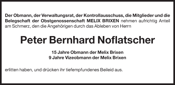 Traueranzeige von Peter Bernhard Noflatscher von Dolomiten