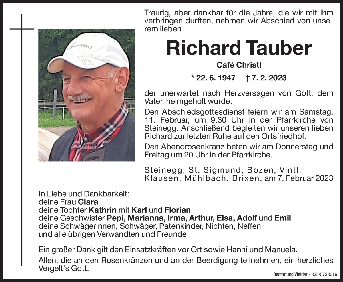  Traueranzeige für Richard Tauber vom 09.02.2023 aus Dolomiten