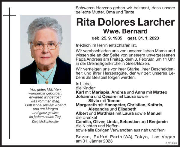 Traueranzeige von Rita Dolores Bernard von Dolomiten