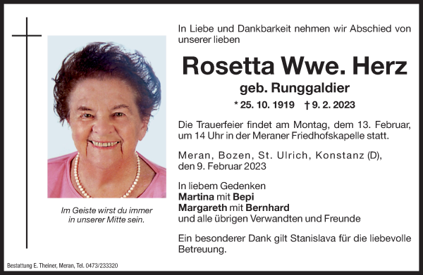 Traueranzeige von Rosetta Herz von Dolomiten