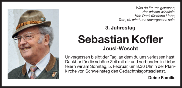 Traueranzeige von Sebastian Kofler von Dolomiten