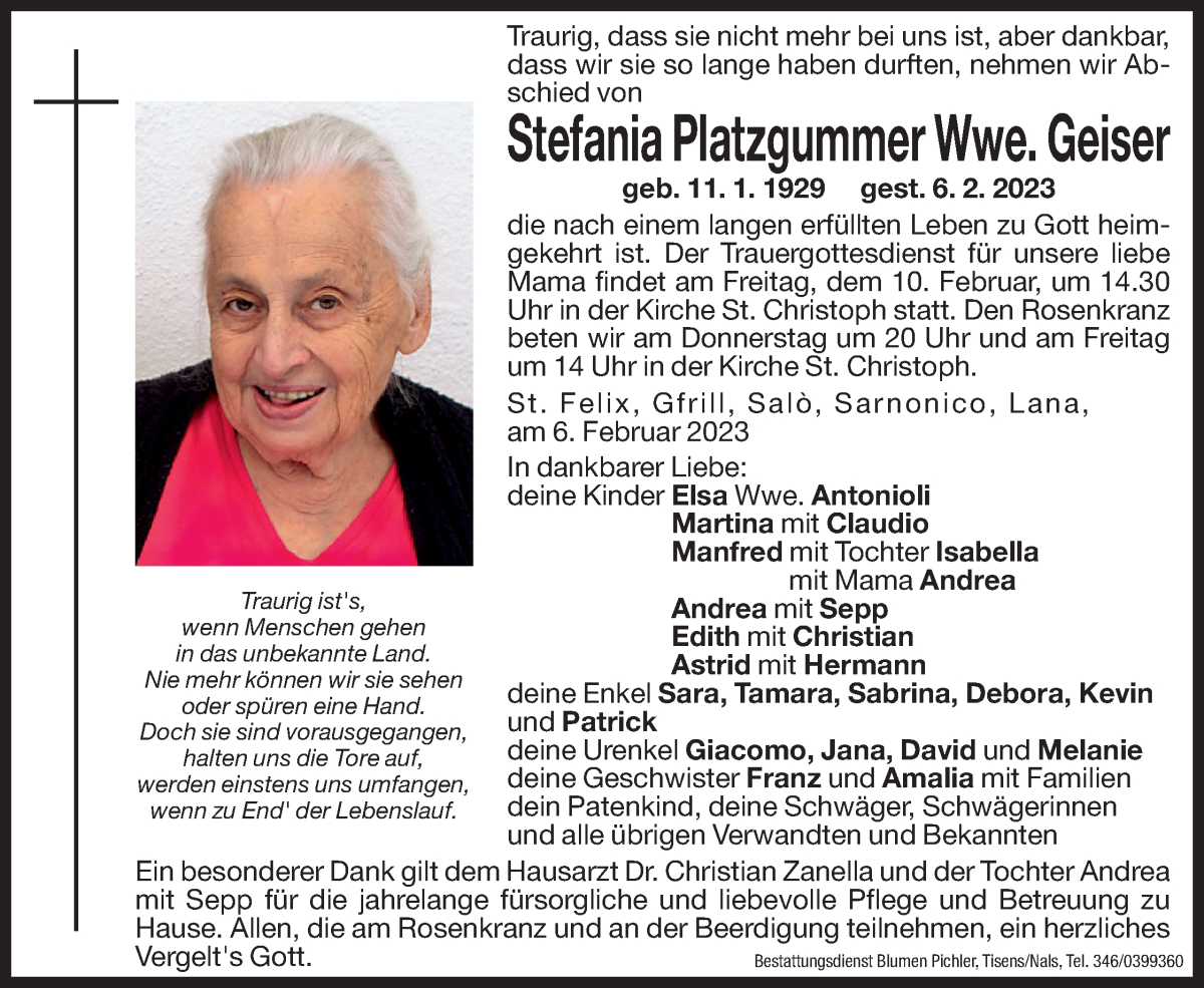  Traueranzeige für Stefania Geiser vom 08.02.2023 aus Dolomiten