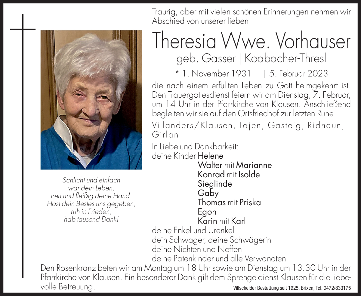  Traueranzeige für Theresia Vorhauser vom 06.02.2023 aus Dolomiten