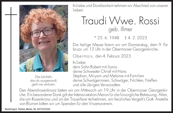 Traueranzeige von Traudi Rossi von Dolomiten