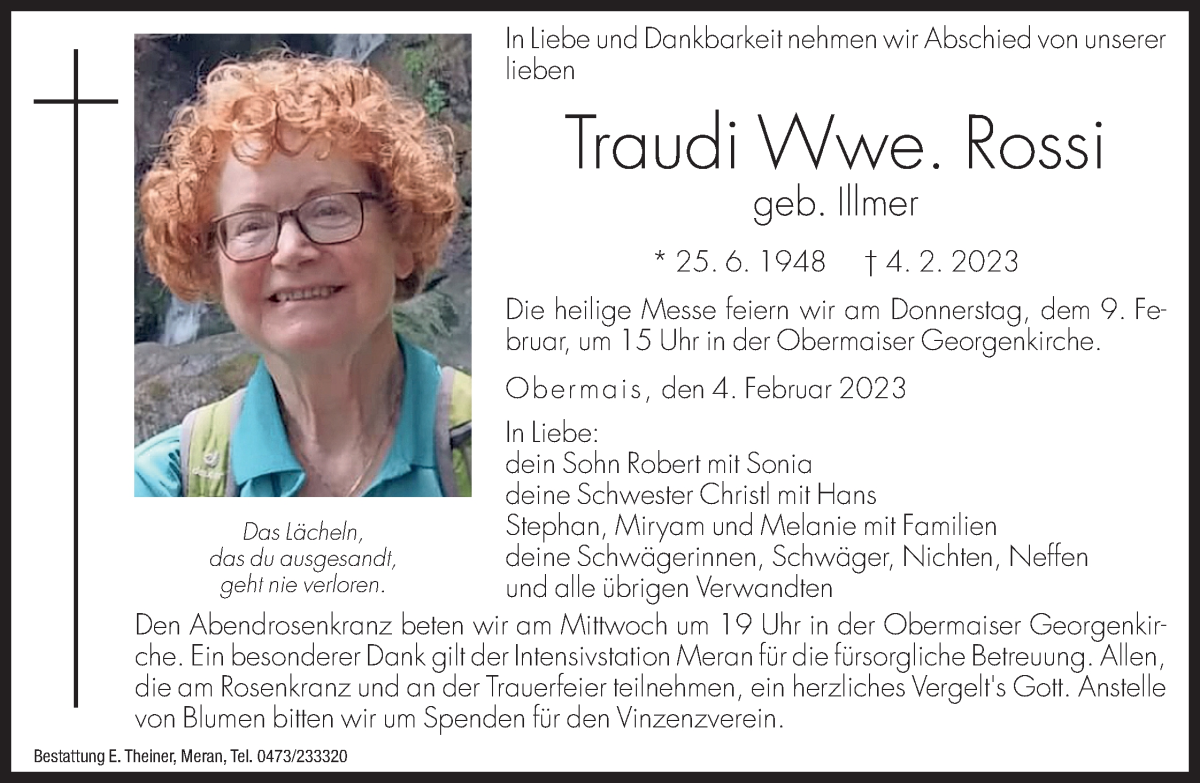  Traueranzeige für Traudi Rossi vom 07.02.2023 aus Dolomiten