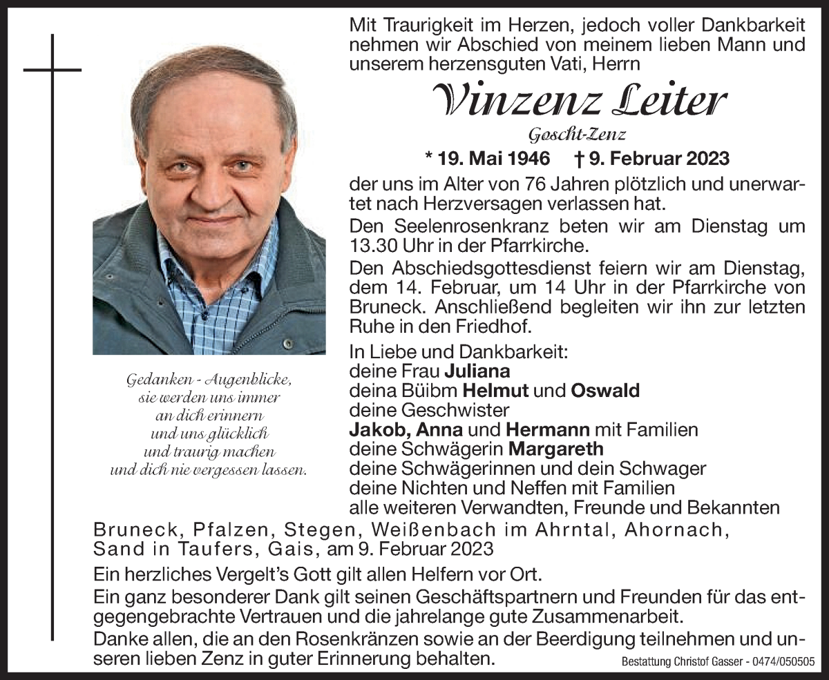  Traueranzeige für Vinzenz Leiter vom 14.02.2023 aus Dolomiten