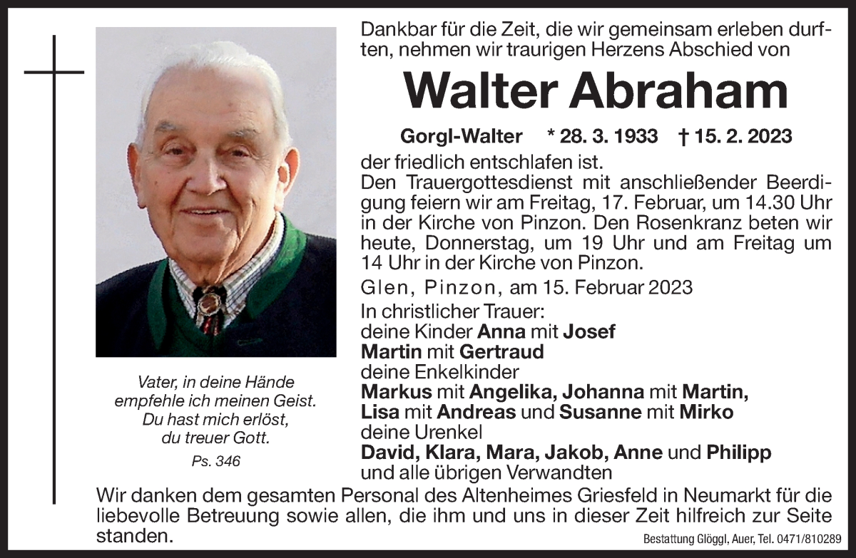  Traueranzeige für Walter Abraham vom 16.02.2023 aus Dolomiten