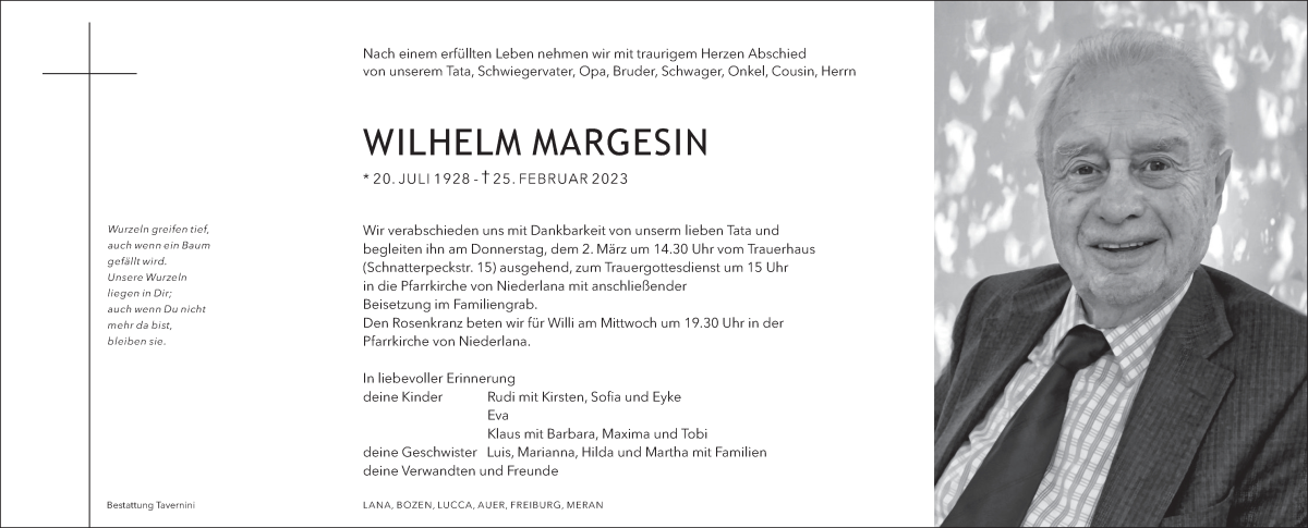  Traueranzeige für Wilhelm Margesin vom 28.02.2023 aus Dolomiten