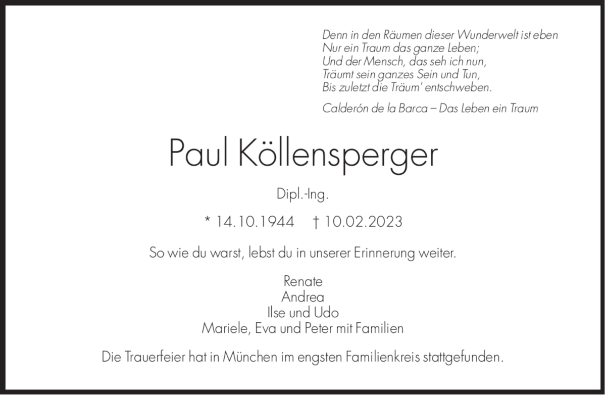  Traueranzeige für Paul Köllensperger vom 10.03.2023 aus Dolomiten