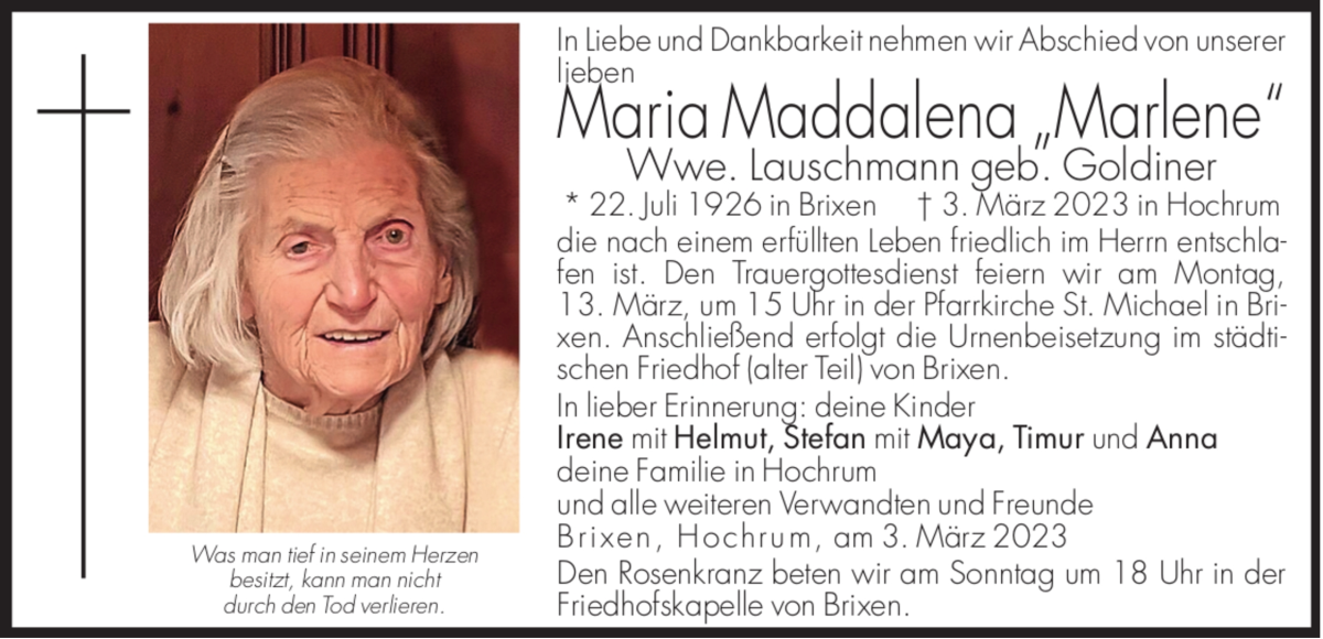  Traueranzeige für Maria Maddalena Lauschmann vom 10.03.2023 aus Dolomiten