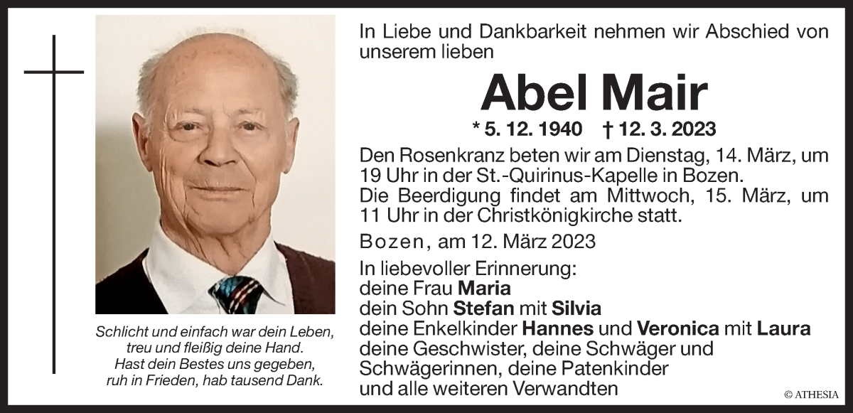  Traueranzeige für Abel Mair vom 14.03.2023 aus Dolomiten