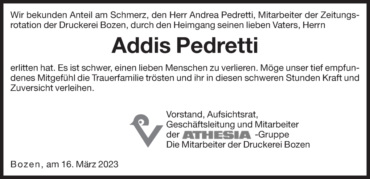  Traueranzeige für Addis Pedretti vom 22.03.2023 aus Dolomiten