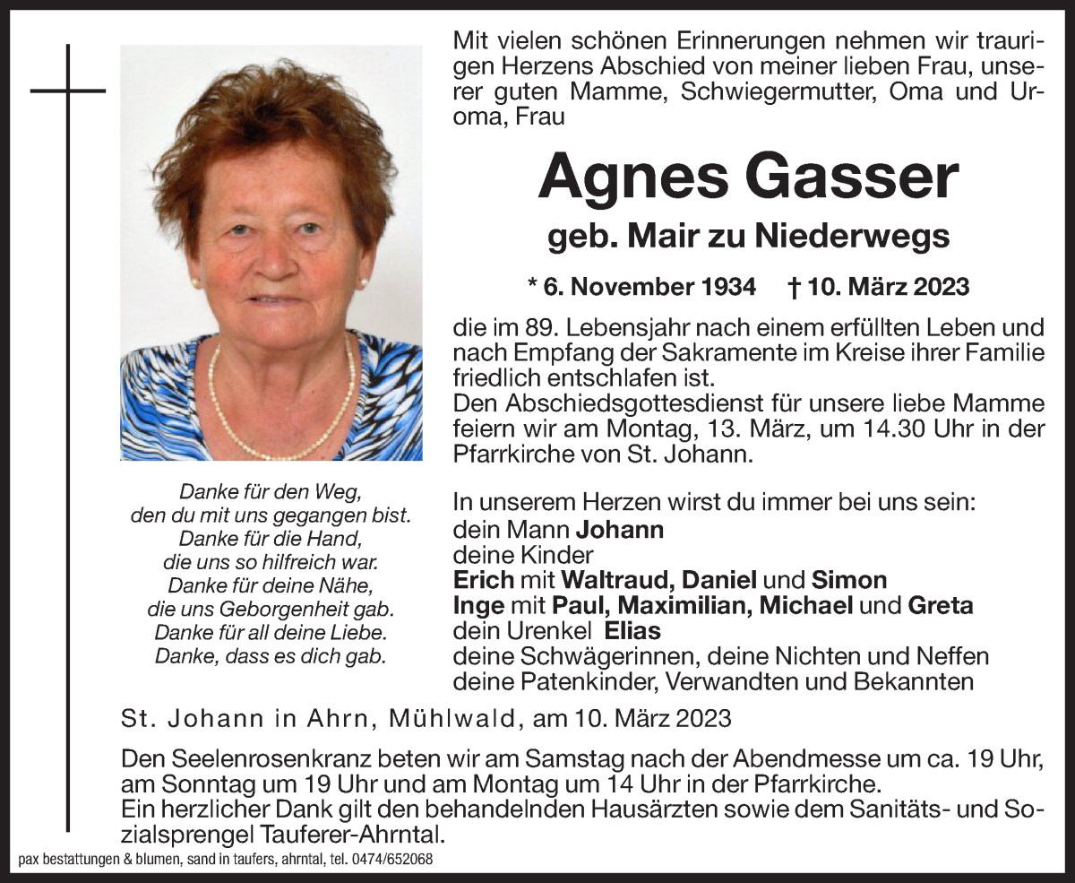  Traueranzeige für Agnes Gasser vom 11.03.2023 aus Dolomiten