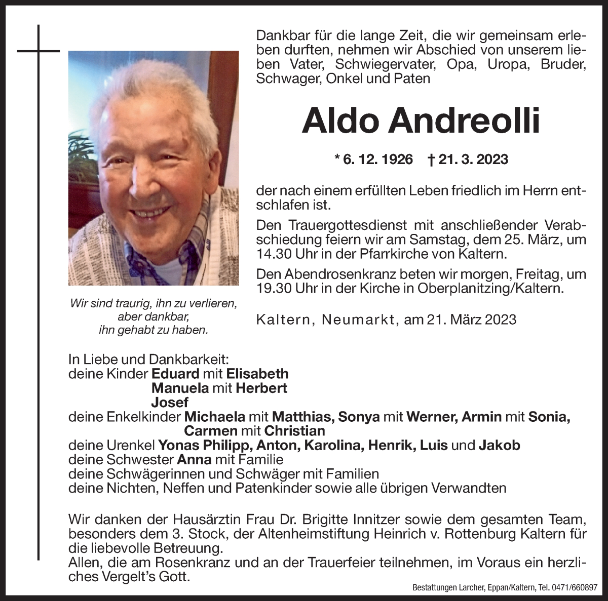  Traueranzeige für Aldo Andreolli vom 23.03.2023 aus Dolomiten