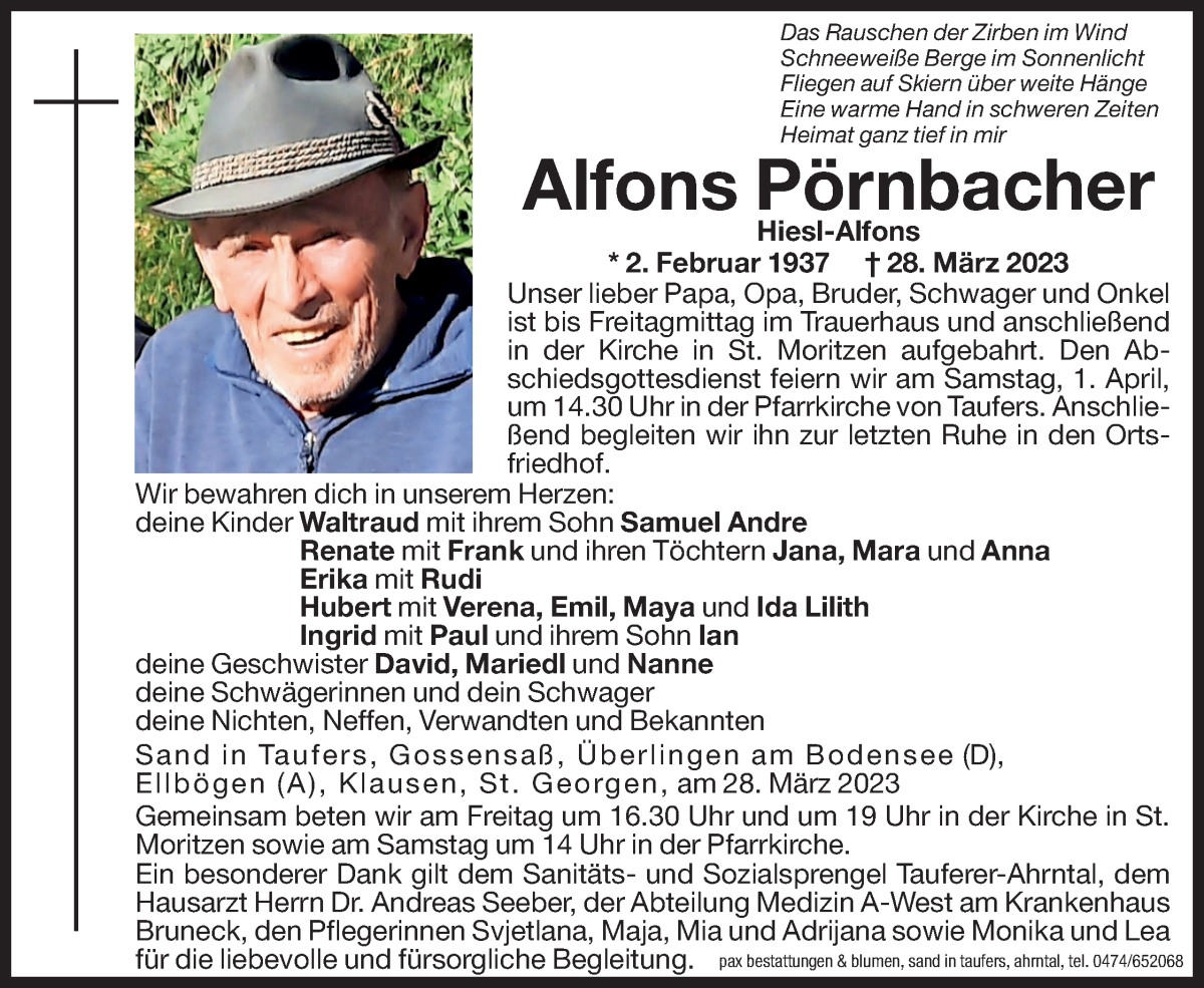  Traueranzeige für Alfons Pörnbacher vom 31.03.2023 aus Dolomiten