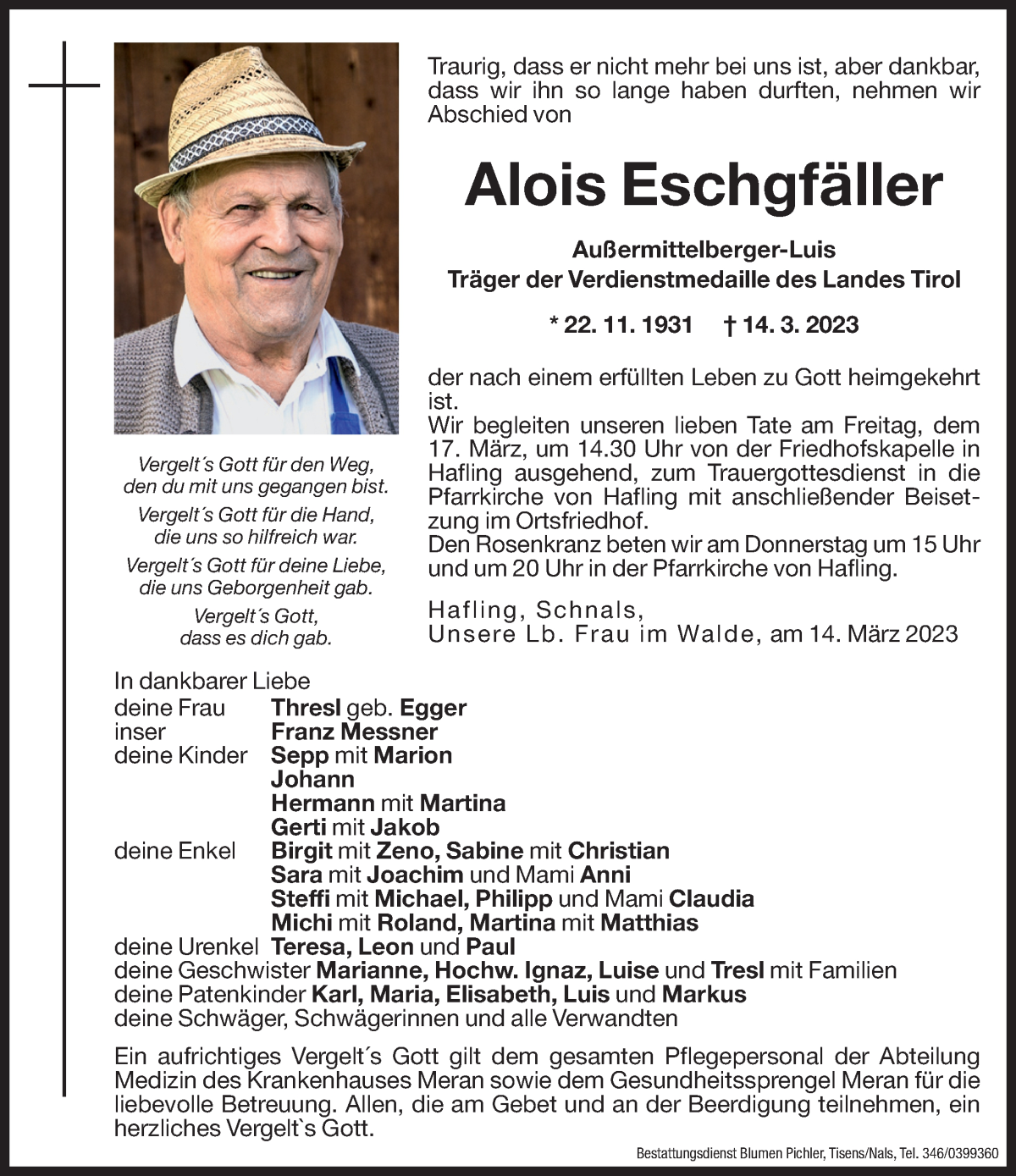  Traueranzeige für Alois Eschgfäller vom 15.03.2023 aus Dolomiten