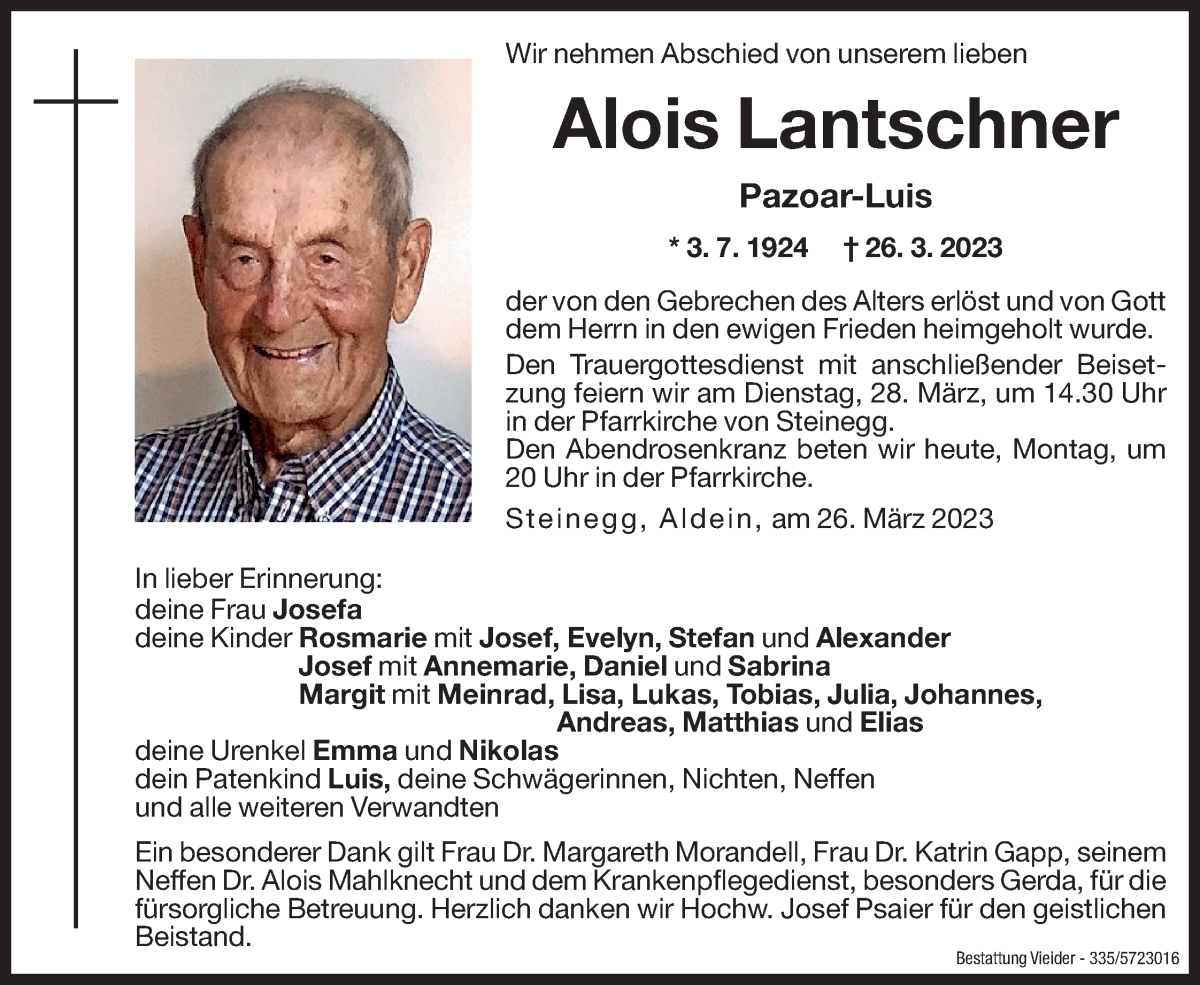  Traueranzeige für Alois Lantschner vom 27.03.2023 aus Dolomiten