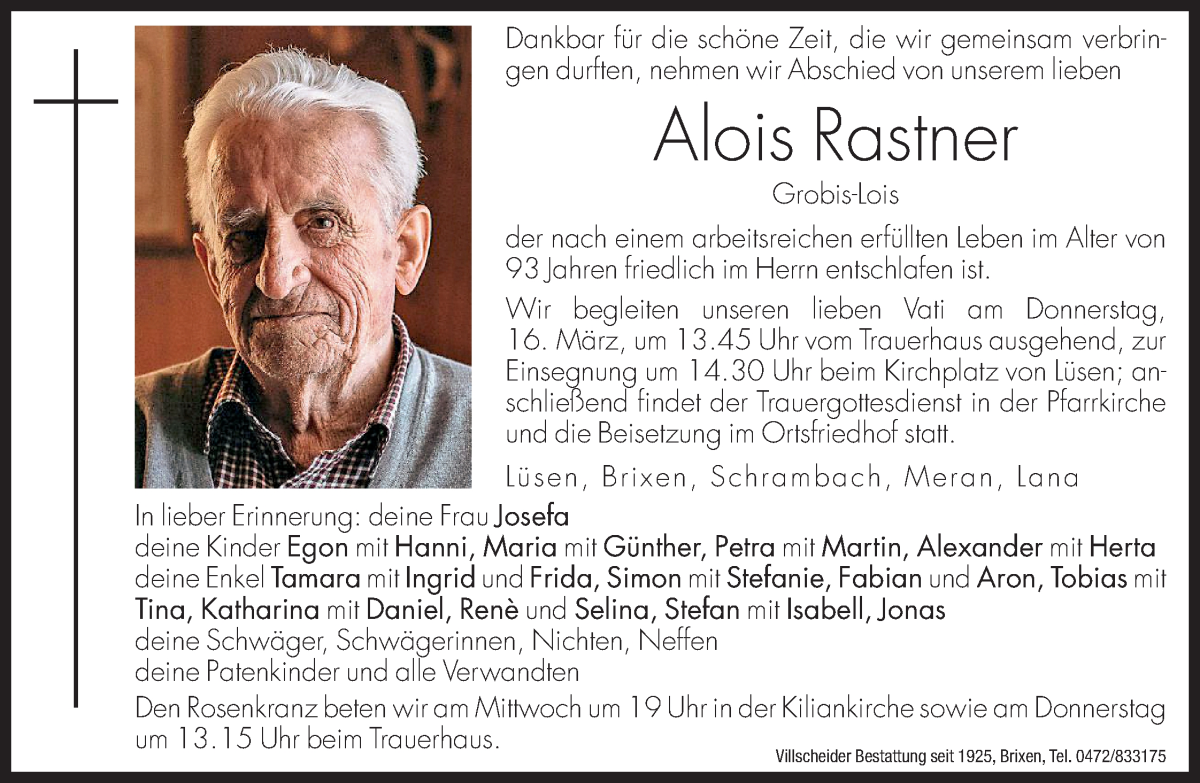  Traueranzeige für Alois Rastner vom 15.03.2023 aus Dolomiten