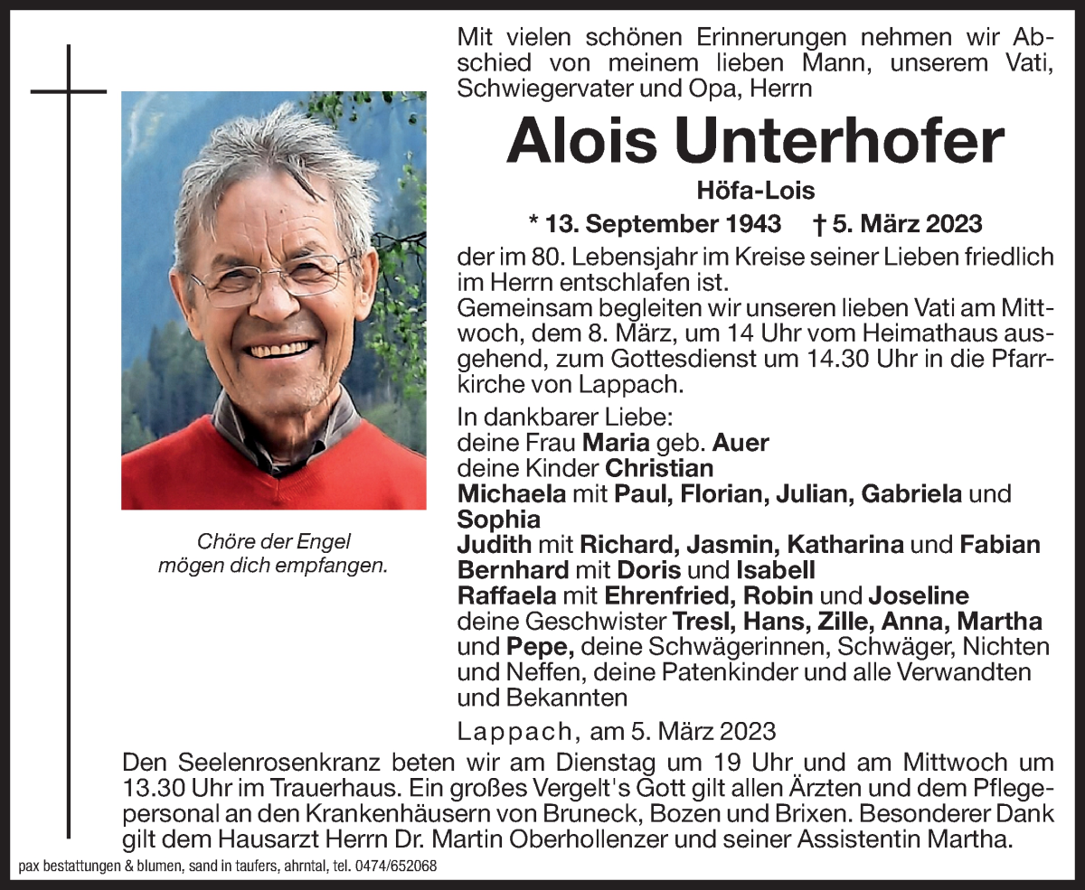  Traueranzeige für Alois Unterhofer vom 07.03.2023 aus Dolomiten