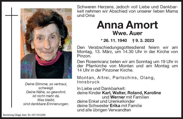 Traueranzeige von Anna Auer von Dolomiten