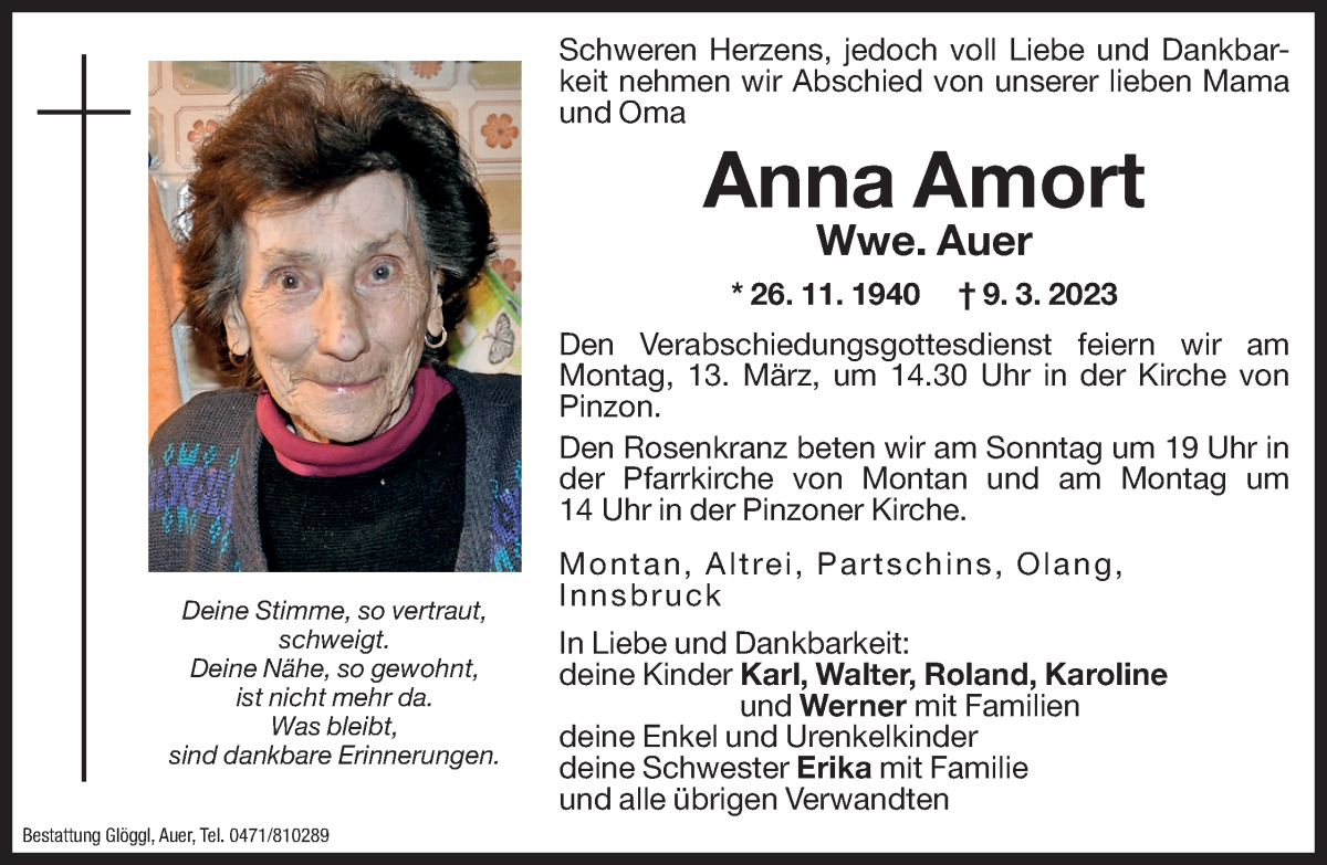  Traueranzeige für Anna Auer vom 11.03.2023 aus Dolomiten