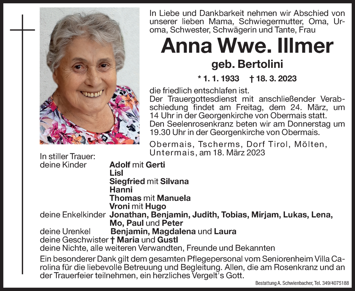  Traueranzeige für Anna Illmer vom 22.03.2023 aus Dolomiten