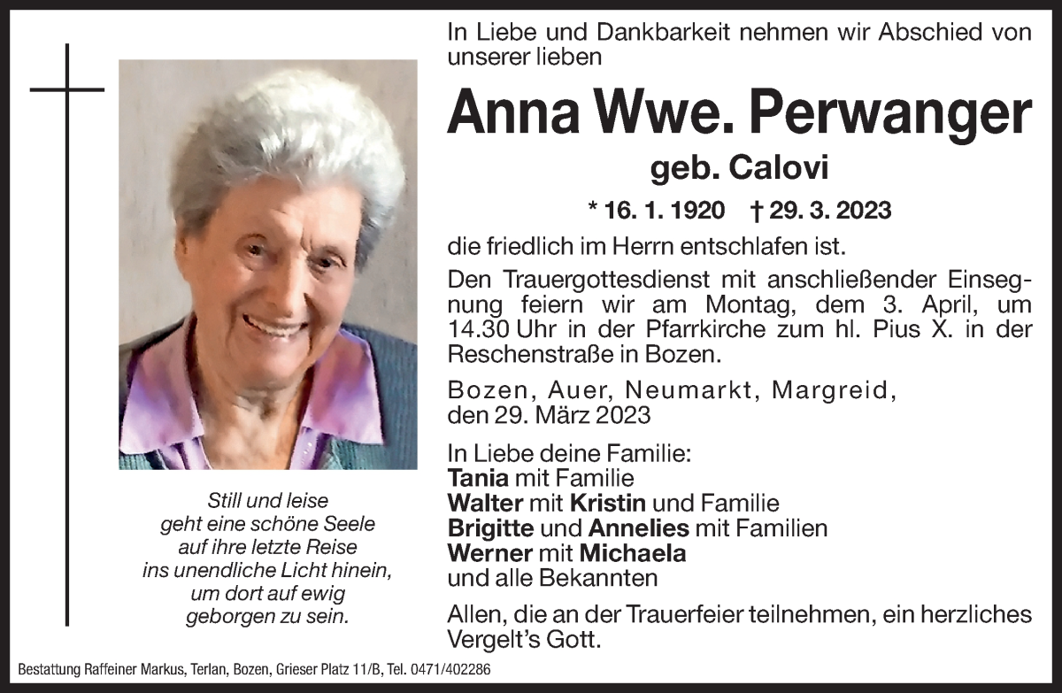  Traueranzeige für Anna Perwanger vom 31.03.2023 aus Dolomiten