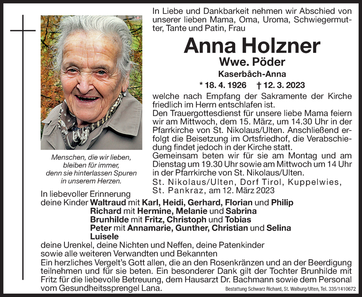  Traueranzeige für Anna Pöder vom 13.03.2023 aus Dolomiten