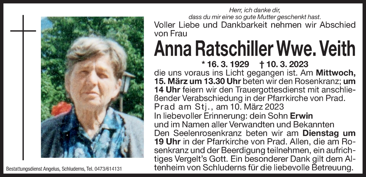  Traueranzeige für Anna Veith vom 14.03.2023 aus Dolomiten