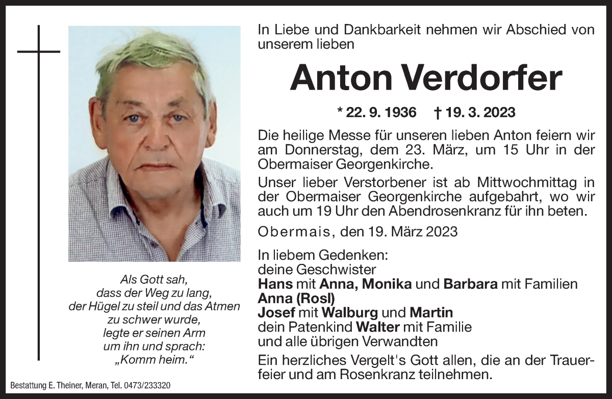  Traueranzeige für Anton Verdorfer vom 21.03.2023 aus Dolomiten