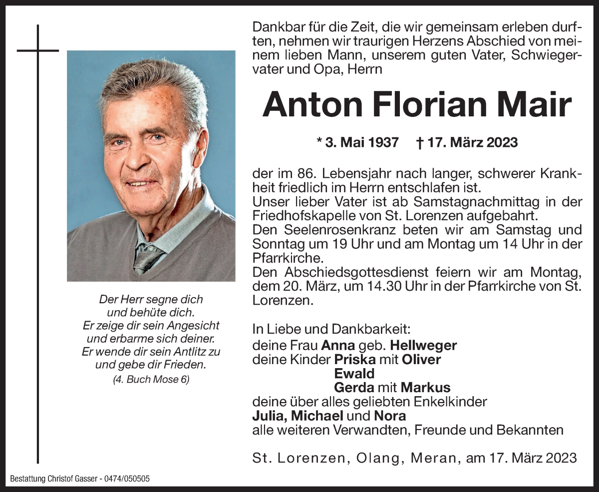  Traueranzeige für Anton Florian Mair vom 18.03.2023 aus Dolomiten