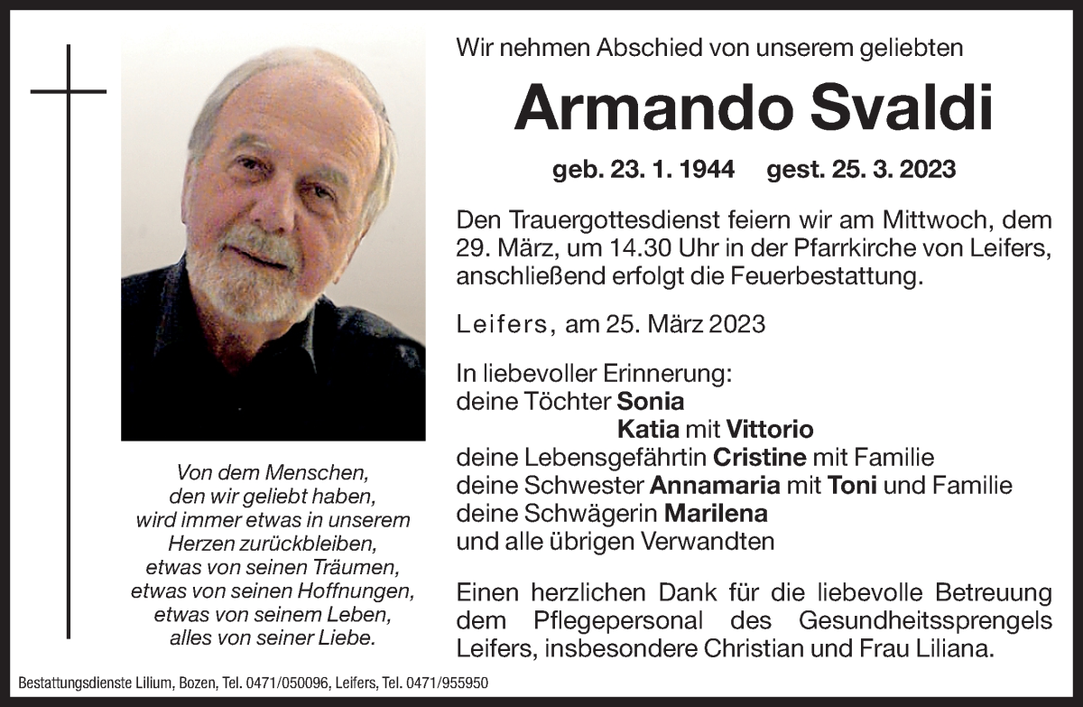  Traueranzeige für Armando Svaldi vom 28.03.2023 aus Dolomiten