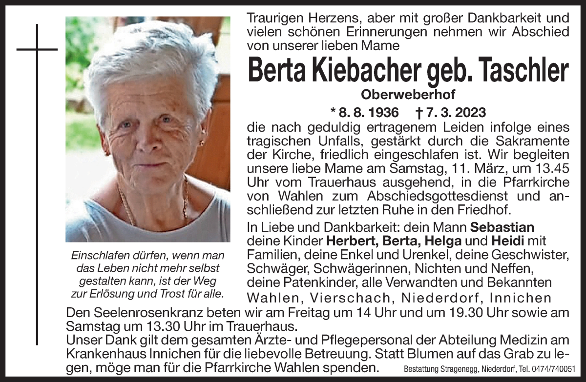  Traueranzeige für Berta Kiebacher vom 10.03.2023 aus Dolomiten