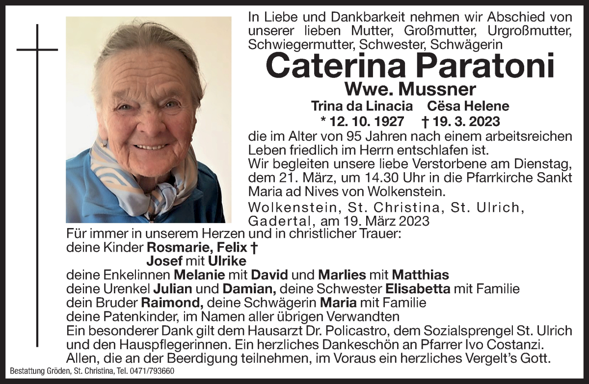  Traueranzeige für Caterina Mussner vom 21.03.2023 aus Dolomiten