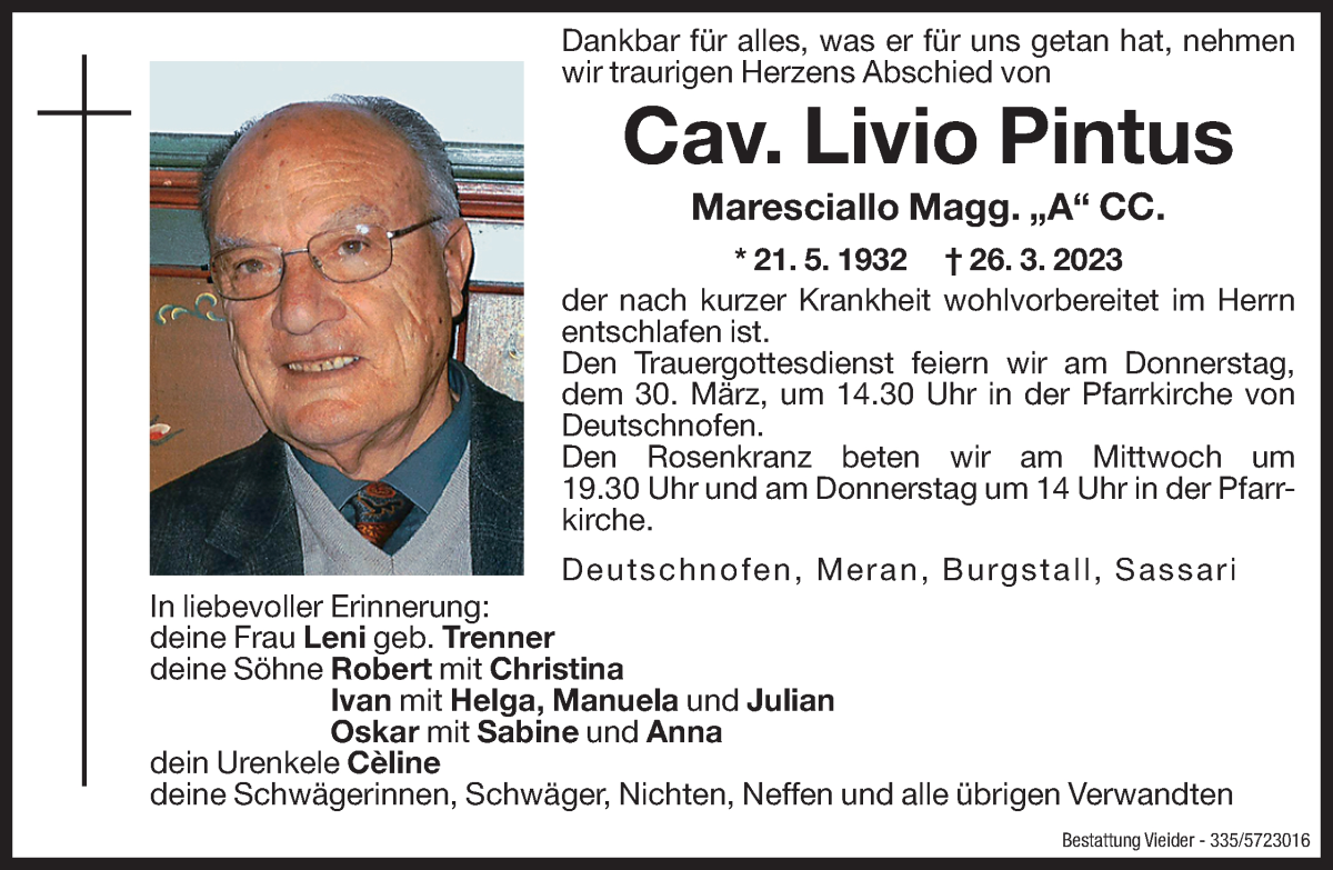  Traueranzeige für Cav. Livio Pintus vom 28.03.2023 aus Dolomiten