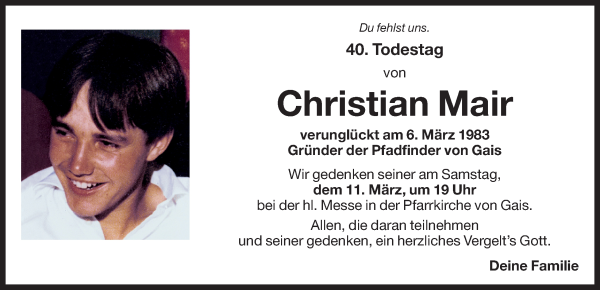 Traueranzeige von Christian Mair von Dolomiten